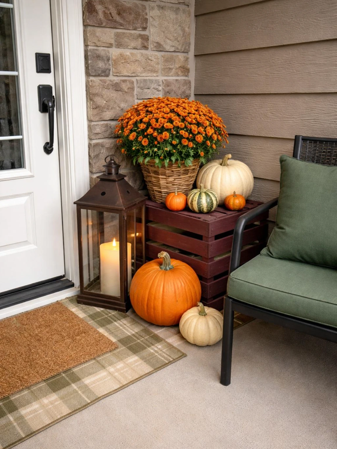 Colorful fall porch decor pairs a glowing rust lantern, burgundy crate, and forest-green cushion in an open corner