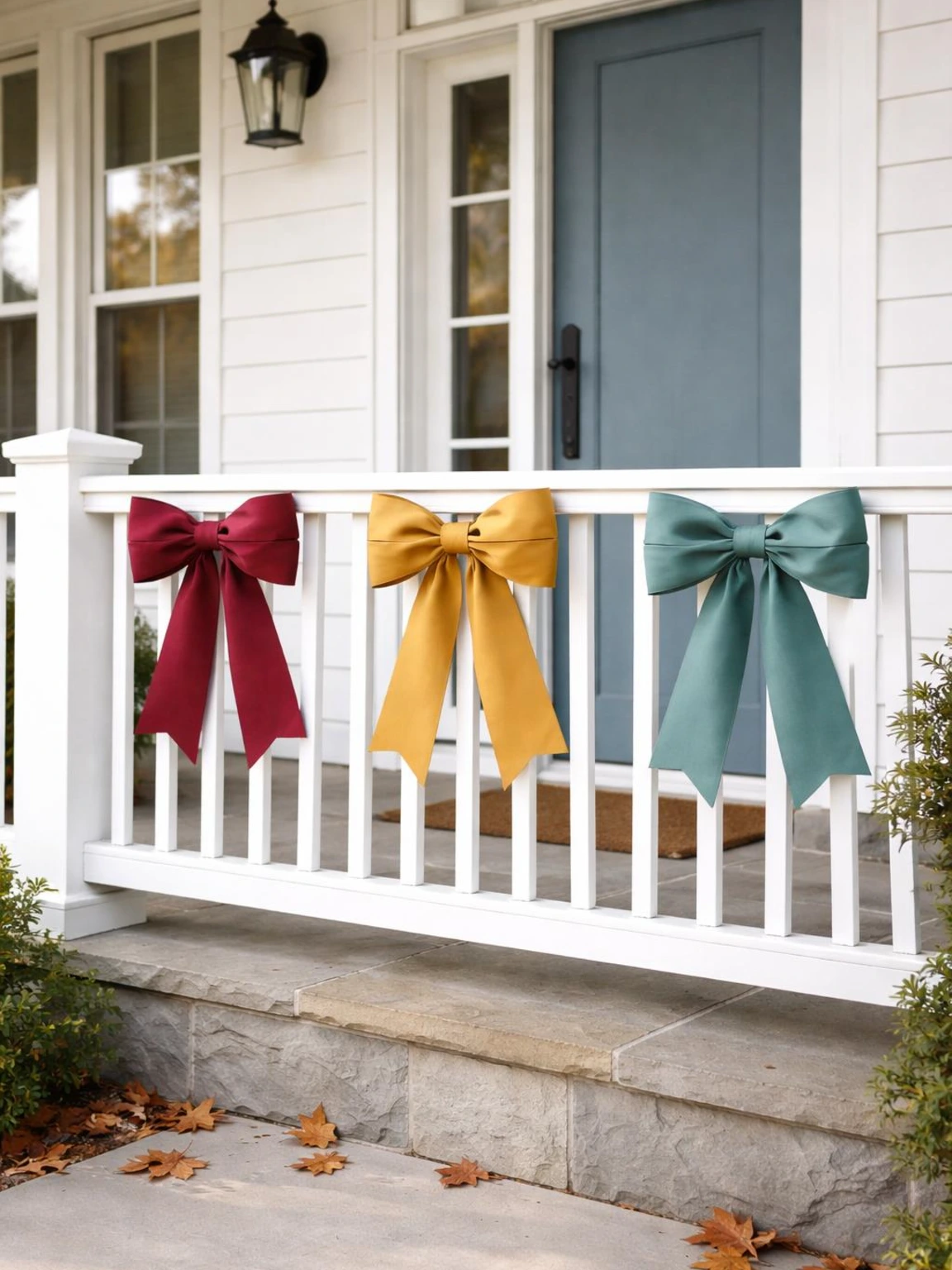 Three colorful fall porch rail bows in burgundy, mustard, and muted teal decorate a white railing while keeping the handrail clear.