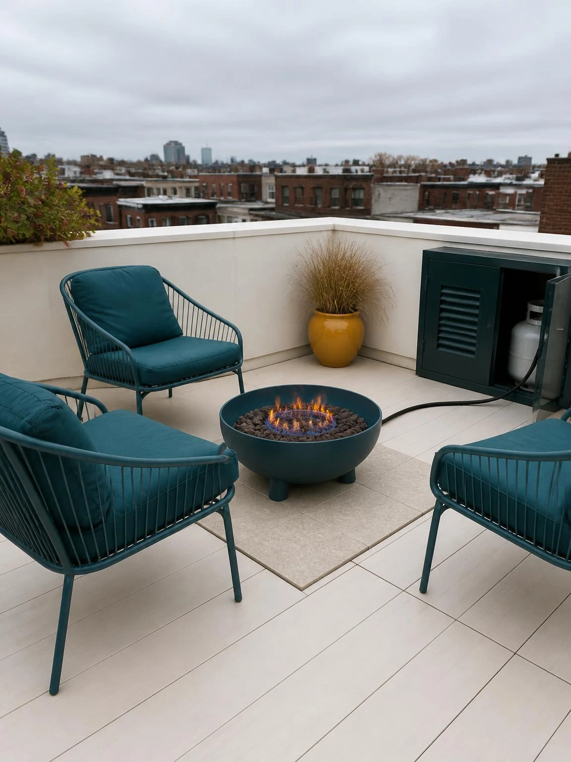 Round powder-coated steel gas fire bowl with blue-orange flame on a compact rooftop terrace, surrounded by teal metal chairs and a discreet LP cabinet