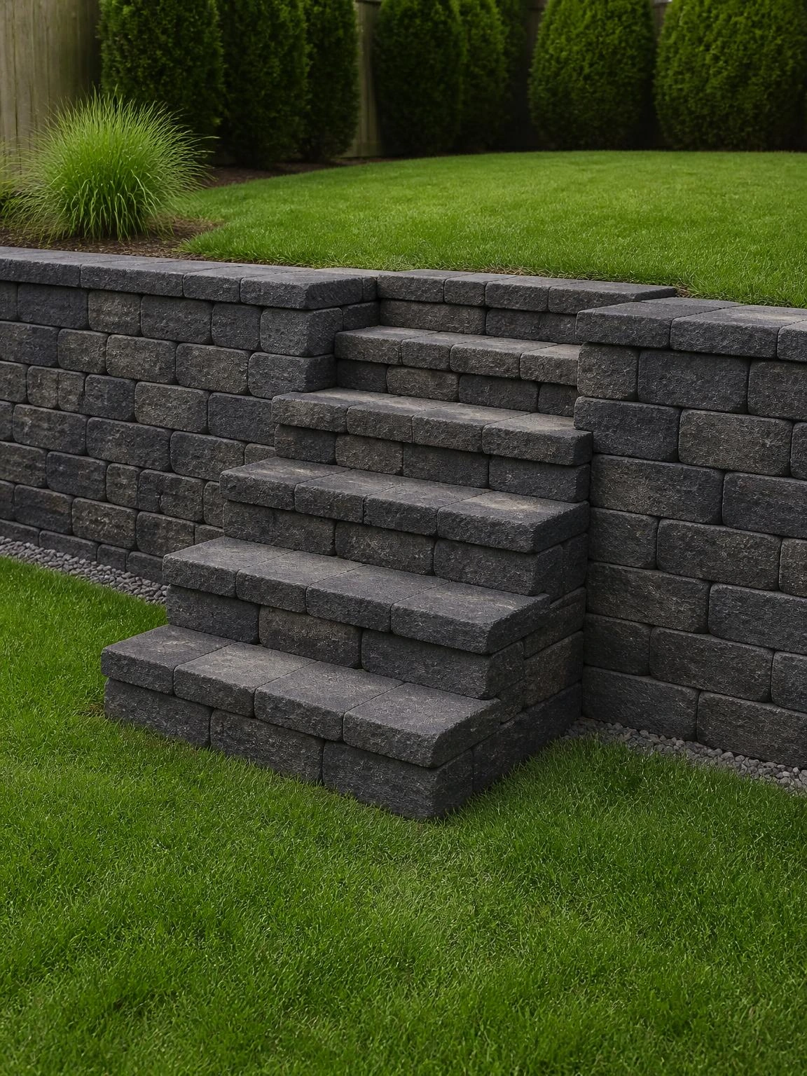 Five-step concrete block retaining-wall stair connecting two terraced lawn levels, built from wide charcoal interlocking blocks with a natural batter on a backyard slope