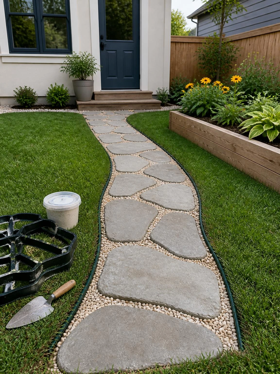 DIY garden projects feature irregular concrete stepping stones crossing a compact lawn to a raised bed with deep-teal edging