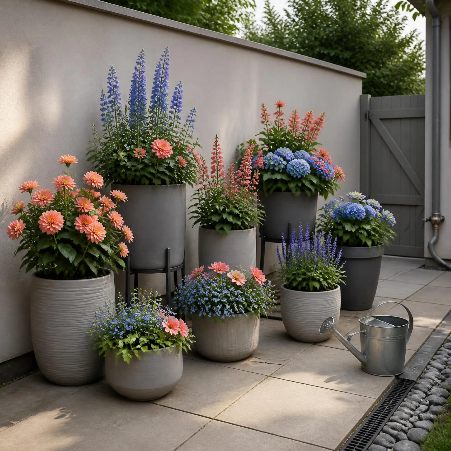 Small backyard flower garden ideas shown as warm gray containers clustered at varied heights beside a wall, with clear passage gaps