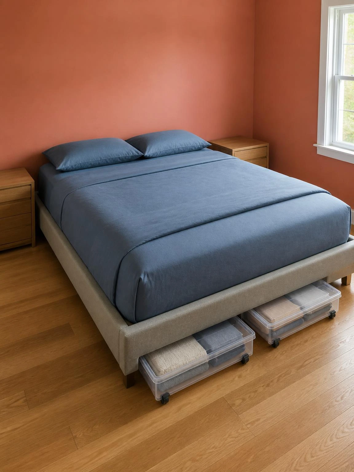 Soft coral bedroom with stone-upholstered platform bed and clear acrylic under-bed storage boxes on casters keeping surfaces completely bare