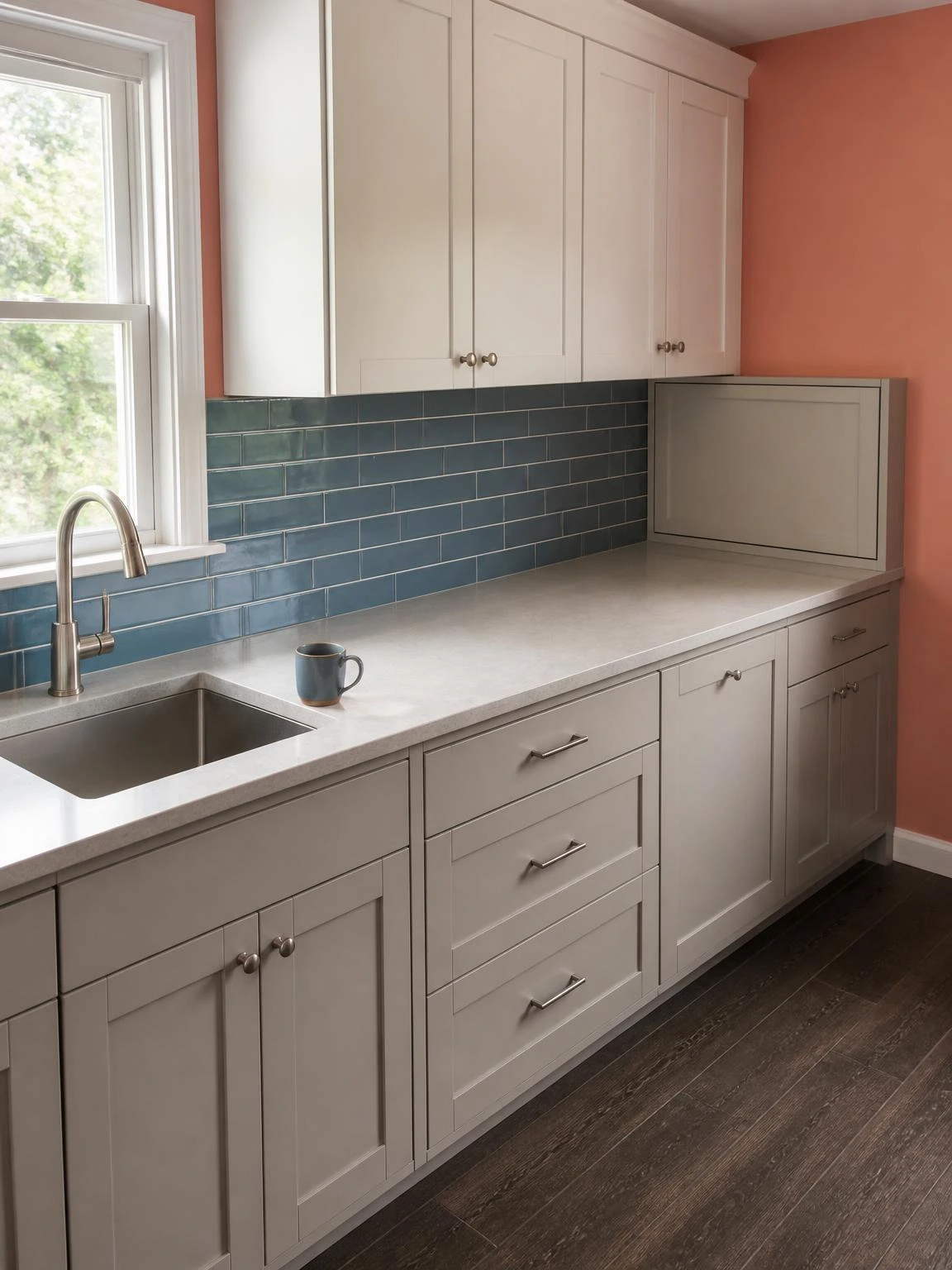 Coral-walled kitchen with stone-colored lower cabinets and a seamless appliance garage blending into the countertop, supporting minimal home decor ideas