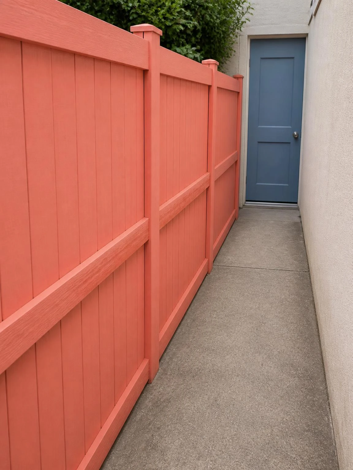 Soft coral painted timber fence panels line a narrow side yard passage, adding warm summer color to an otherwise plain concrete and rendered wall corridor