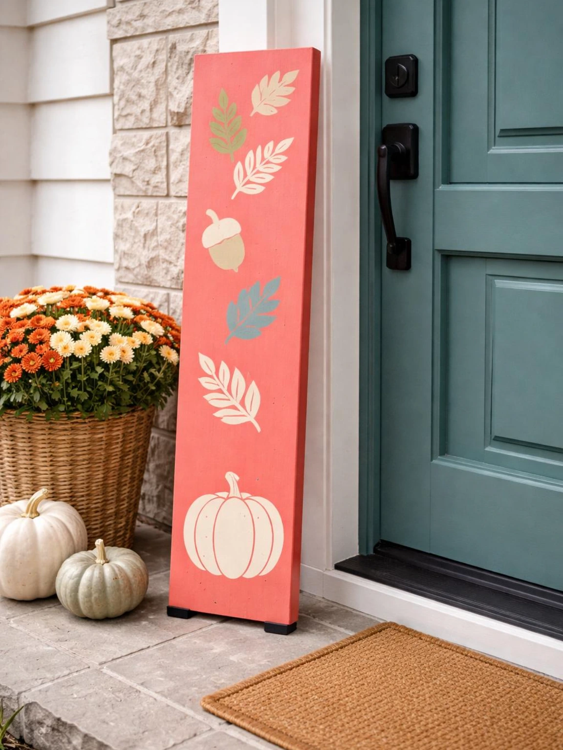 Coral and teal fall porch sign with leaf and pumpkin motifs beside a teal door, adding colorful fall porch decor