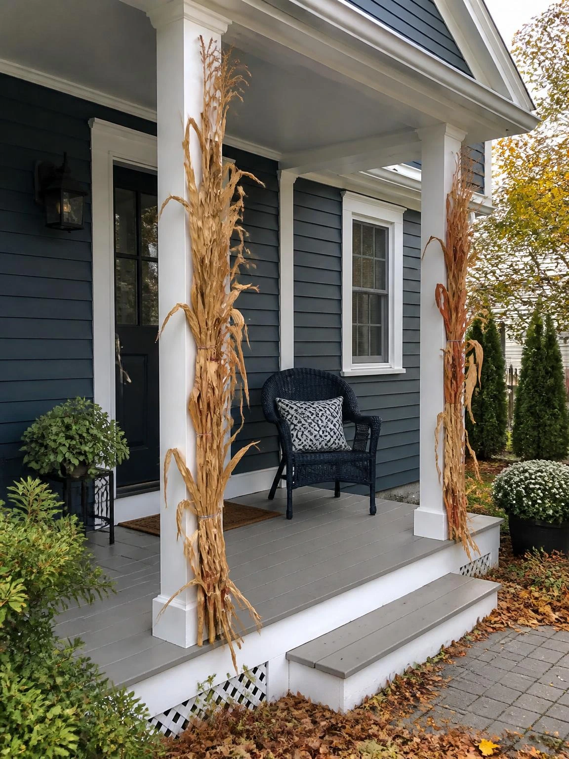 19- Corn Stalks Zip-Tied to Porch Posts - halloween porch ideas for small spaces