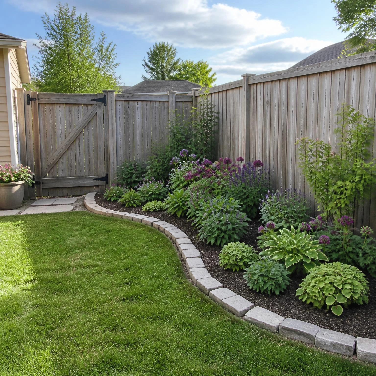 Curved corner bed with plum flowers and stone edging demonstrates small backyard flower garden ideas beside an open lawn.