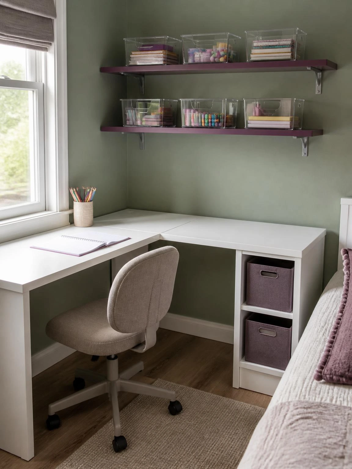 White laminate L-shaped corner study table for kids with plum wall shelves holding labeled bins above a clear, organized workspace