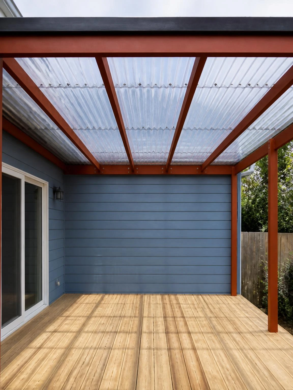 Clear corrugated polycarbonate porch roof panels spanning rust-painted steel purlins, filtering soft diffused light onto warm honey-toned timber decking below