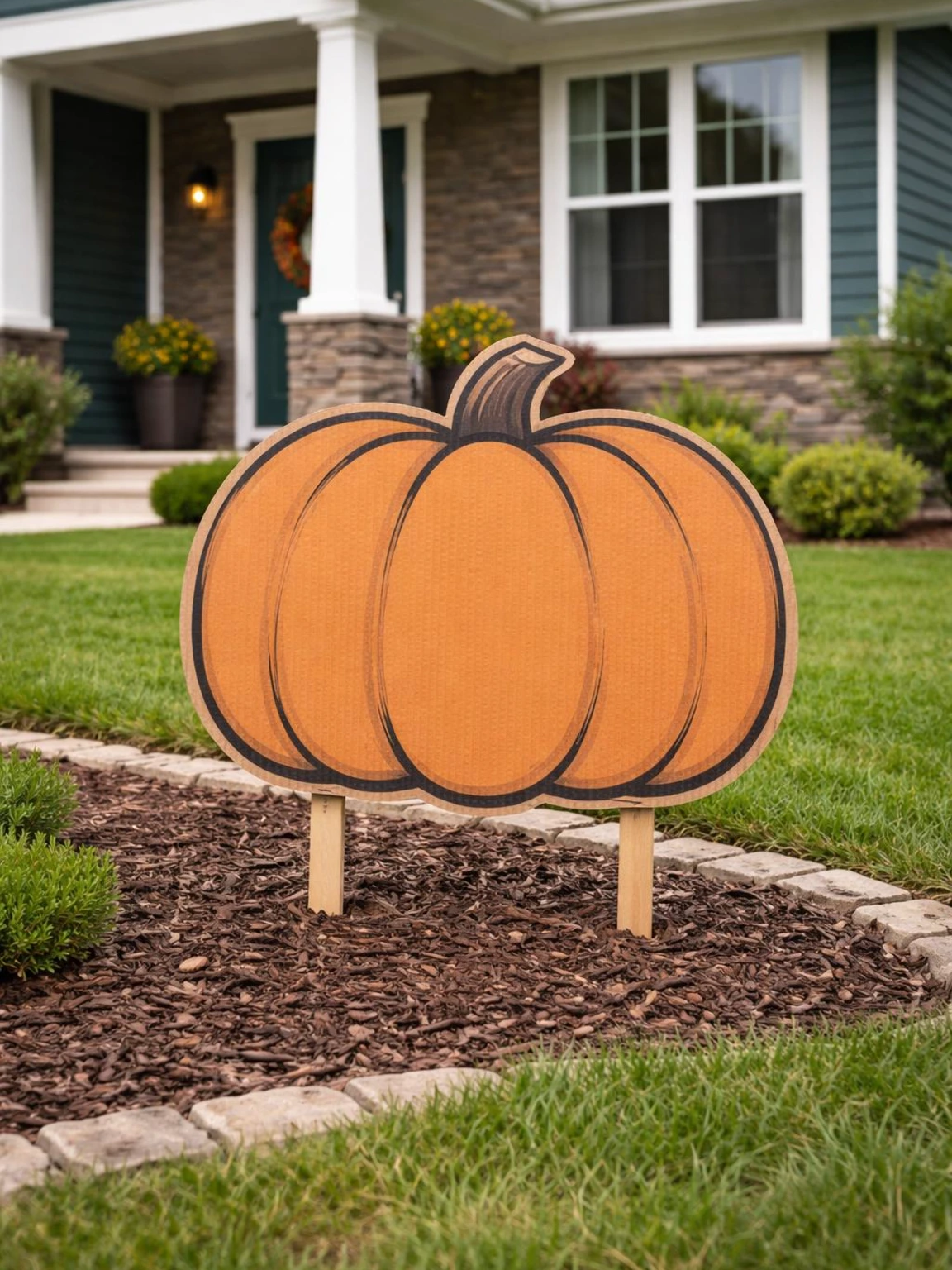 Corrugated cardboard pumpkin yard sign on wooden stakes adds an attainable DIY focal point to a tidy Halloween front yard
