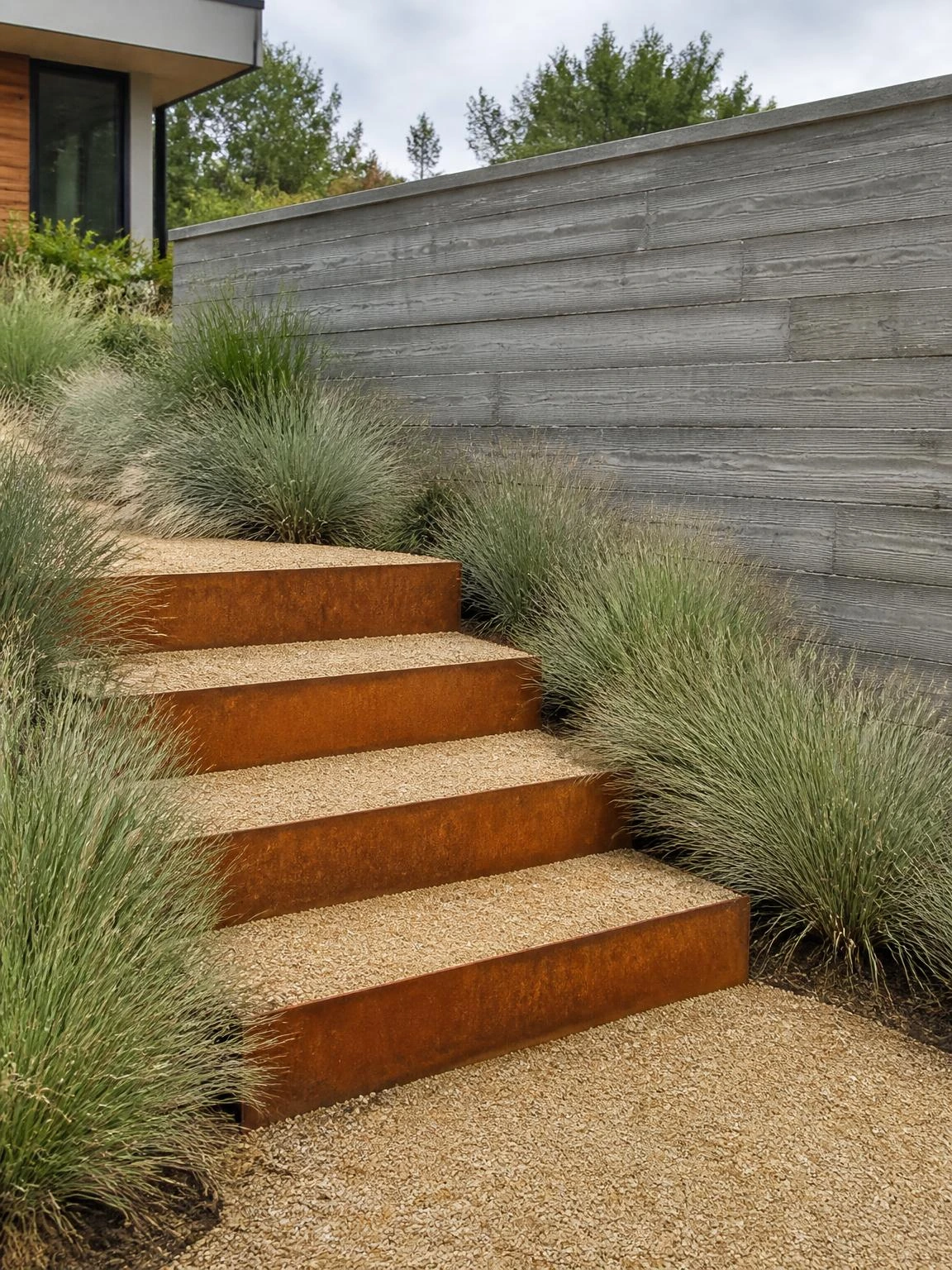 Four corten steel riser landscape stairs with crushed granite treads cut into a sloping modern front yard, flanked by silver ornamental grasses and a board-form concrete wall