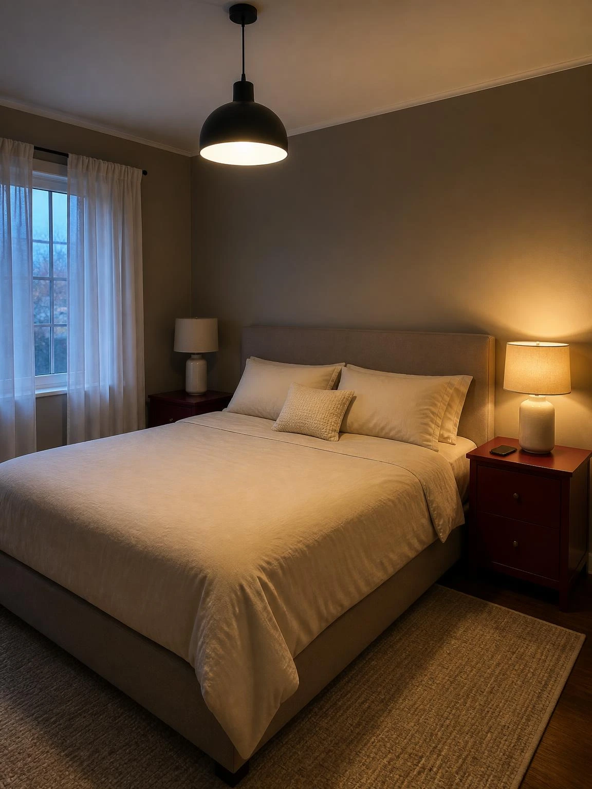 Couple's bedroom mood lighting setup with dimmable pendant and one glowing amber bedside lamp showing independent brightness control for each partner