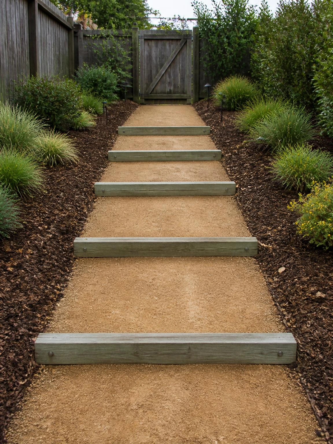 Compacted decomposed granite path with five weathered timber riser steps climbing a gentle backyard slope toward a closed wooden gate