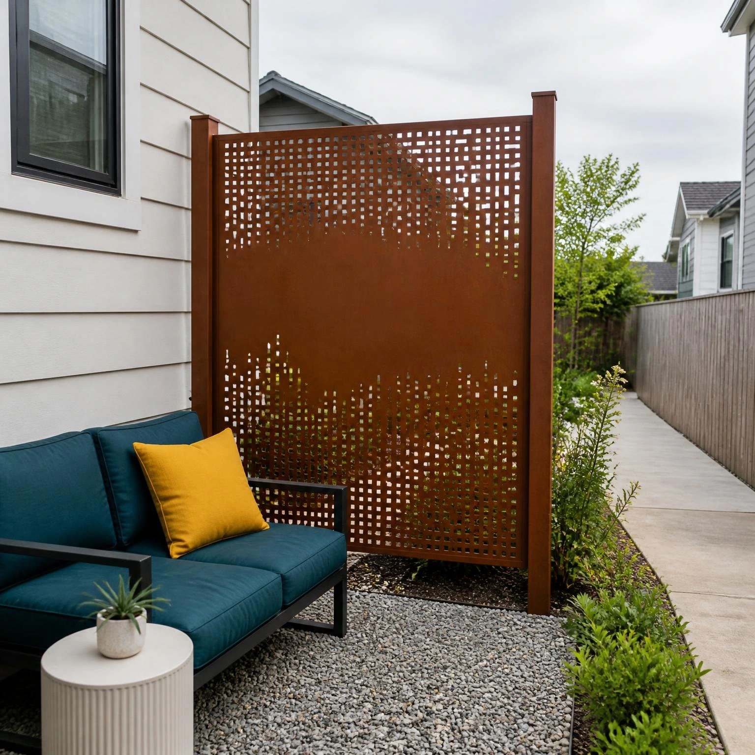 Rust-colored decorative metal privacy panel filters the neighboring path while preserving daylight in a compact gravel seating nook.
