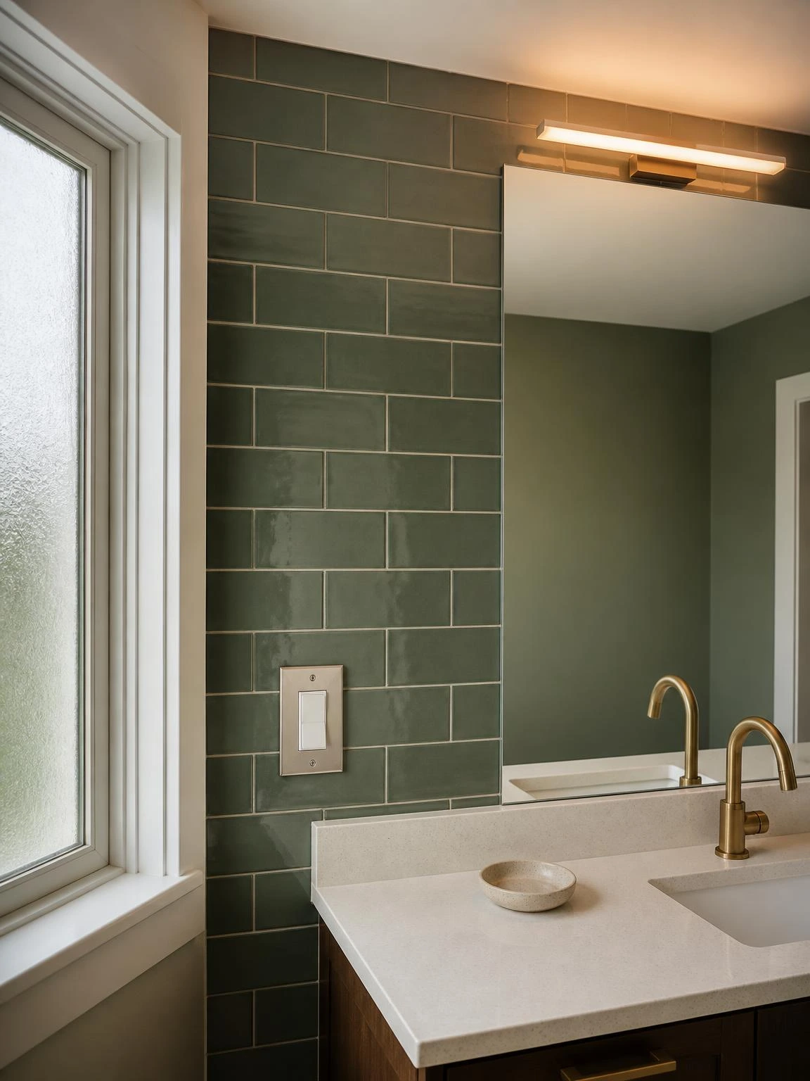 Rocker-style LED dimmer switch on brushed-nickel plate against forest-green subway tile, set low to show bathroom vanity lighting dimmed to warm amber glow