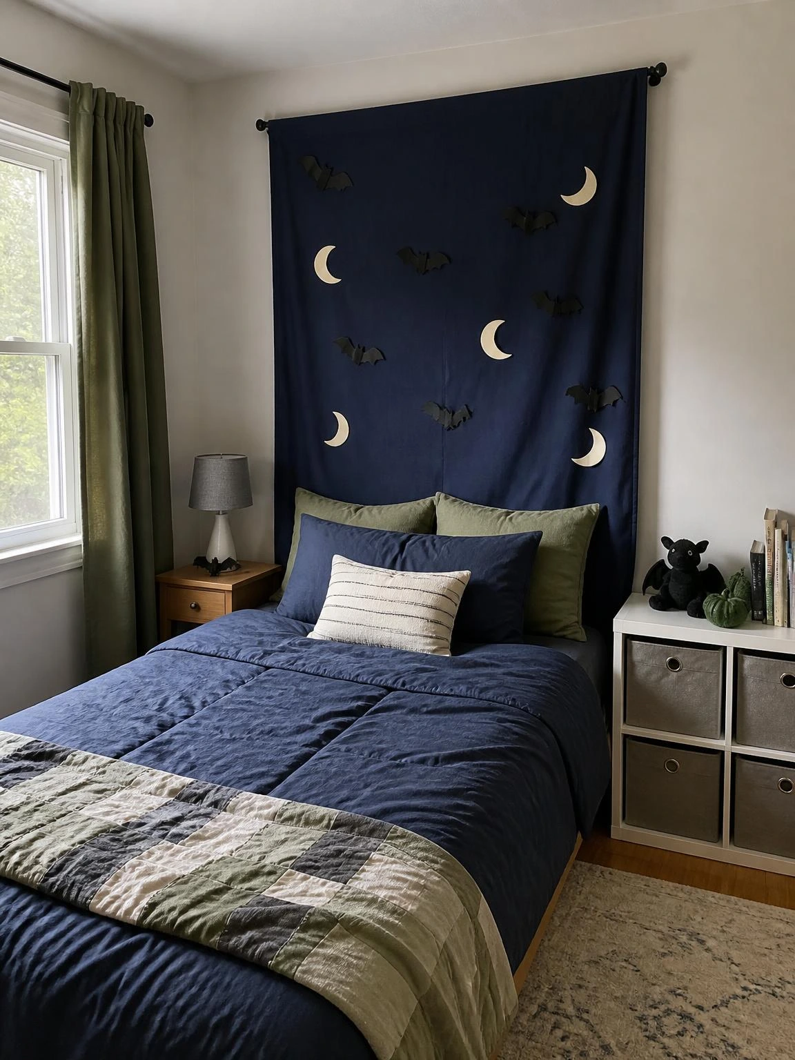 Navy cotton Halloween bed canopy with ivory moons and black bats creates cheap DIY Halloween bedroom decor behind a child’s bed.