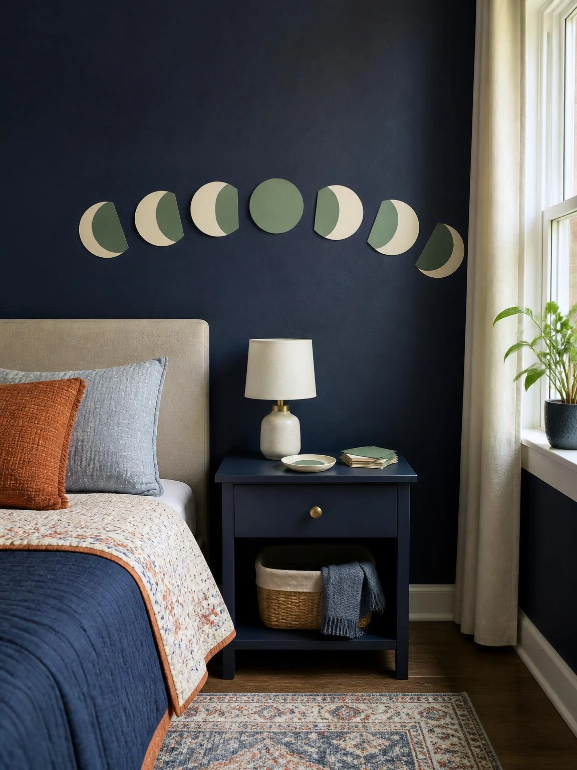 DIY Halloween bedroom decor cheap featuring seven paper moon phases arcing above a navy nightstand