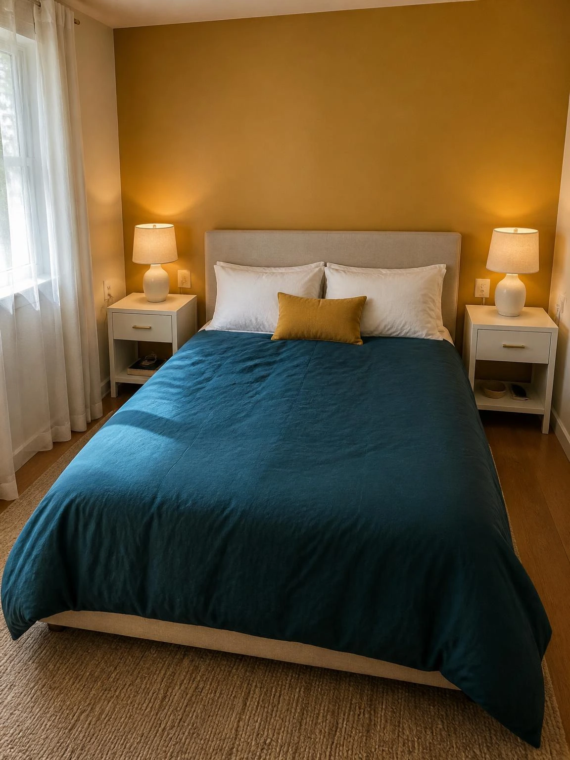 Matching warm white nightstands with brass pulls flank a queen bed with teal duvet, each holding a ceramic lamp — a practical couple room decor setup for shared spaces