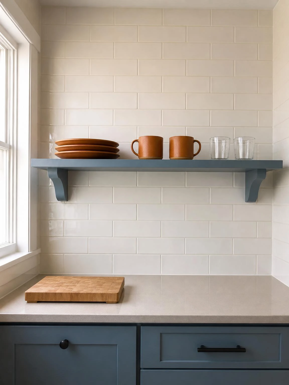 Dusty blue painted timber kitchen shelf holding terracotta plates, mugs, and glass tumblers against warm white subway tile — a minimal home decor edit