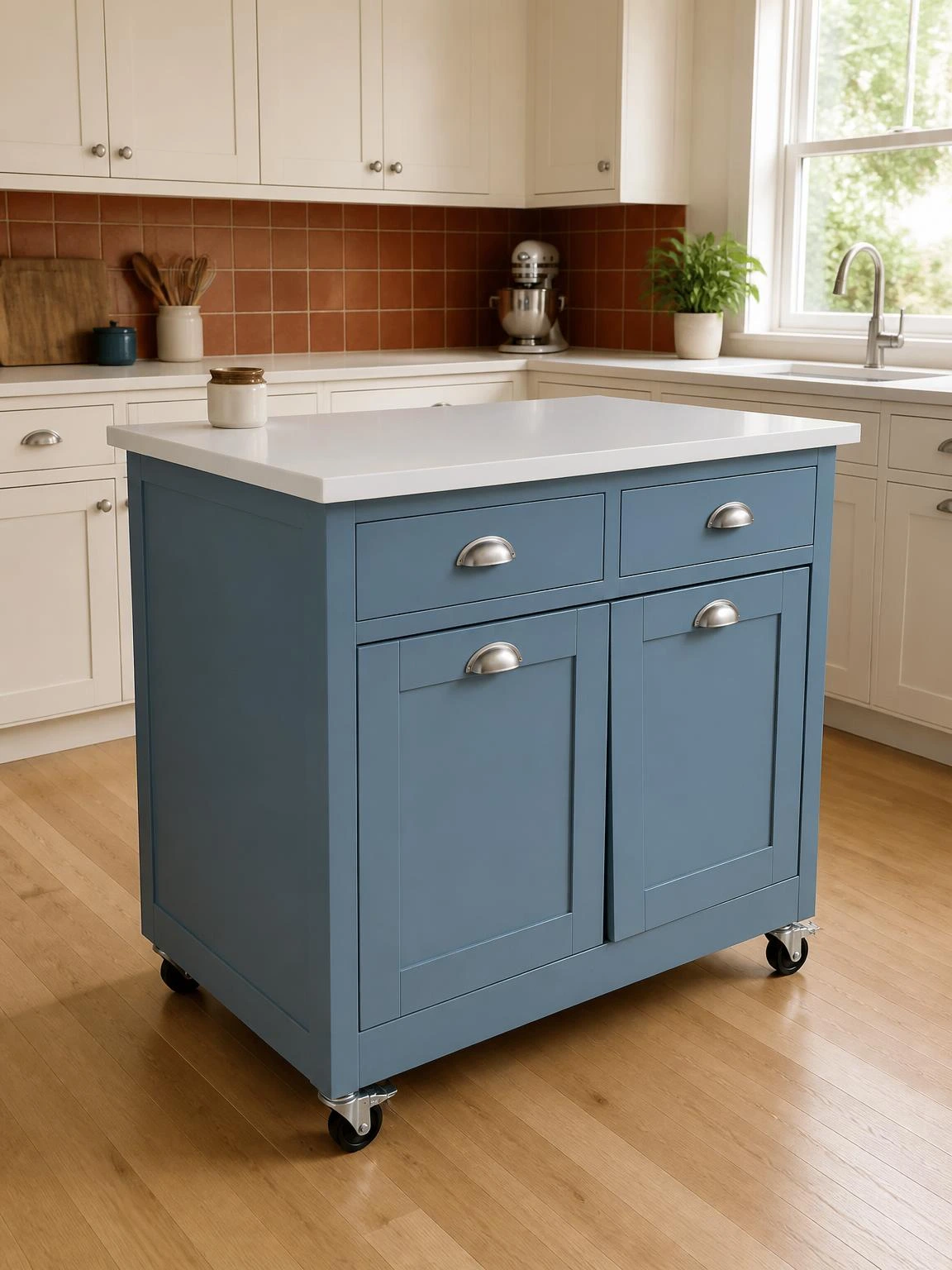 Dusty blue painted kitchen island with shaker doors and brushed nickel hardware against warm white cabinets and terracotta tile backsplash