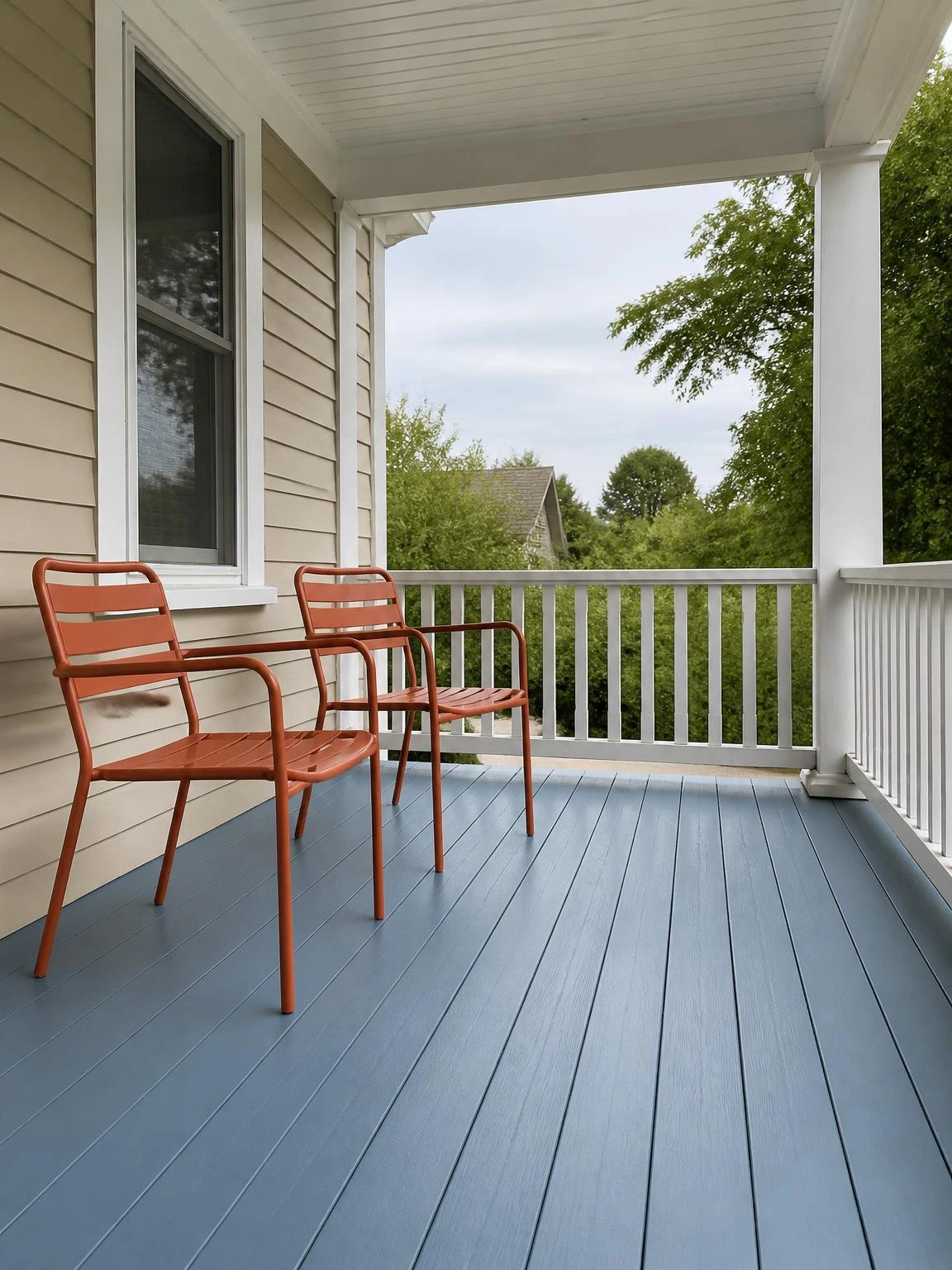 Covered front porch with dusty blue painted floorboards, white railing, and terracotta metal chairs in soft early summer morning light