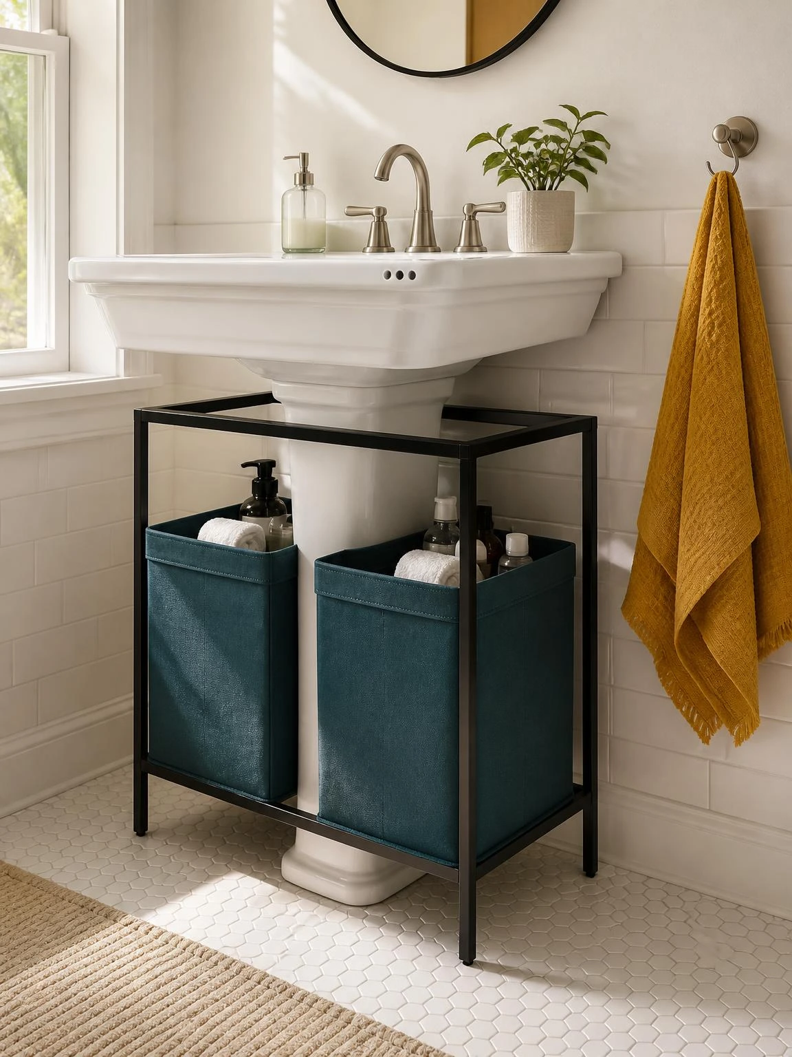 Deep teal fabric bins in a matte black steel frame tucked under a white pedestal sink, showing a budget under-sink storage solution for small bathrooms