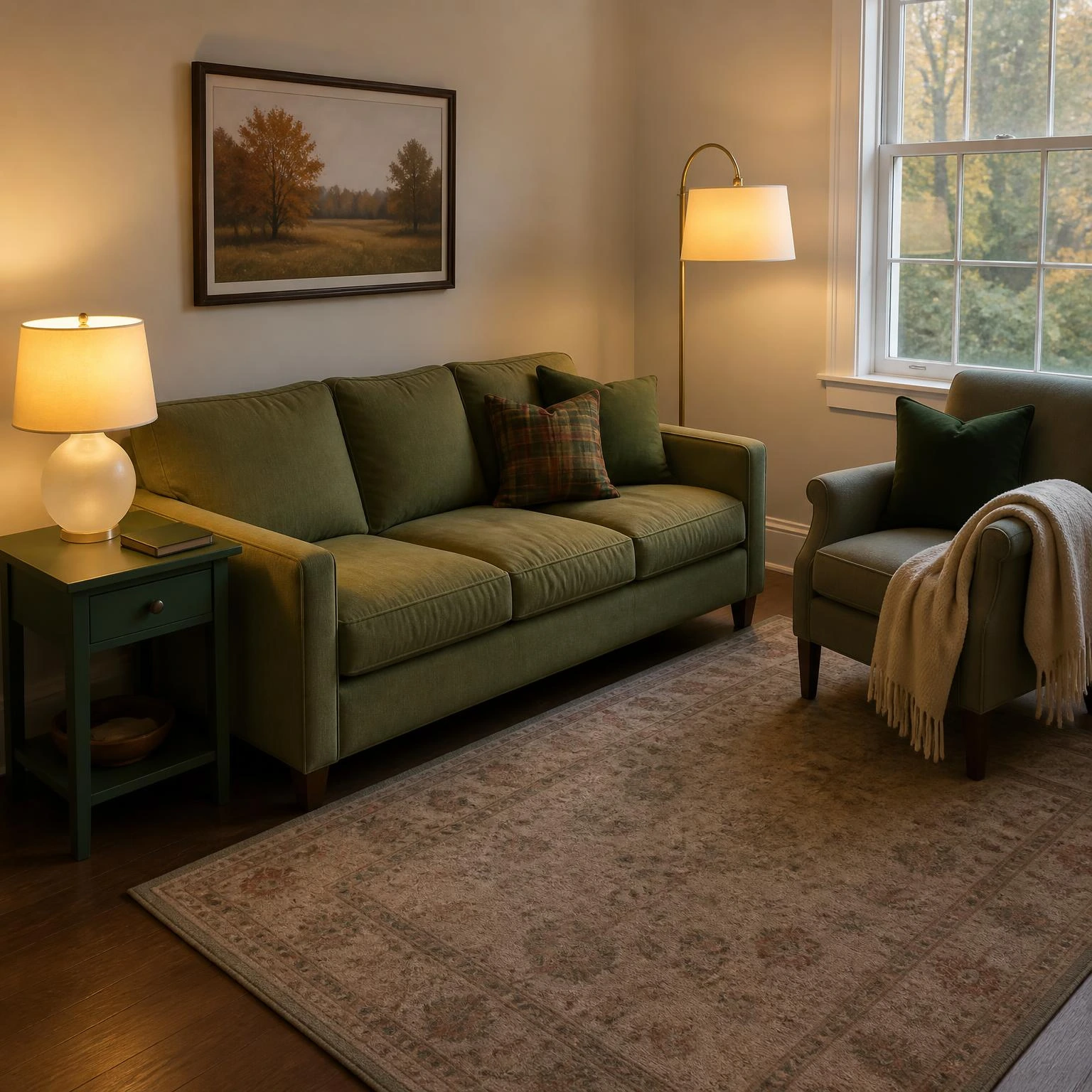 Fall ambient lighting mix layers two warm lamps and window daylight across a soft-green sofa, chair, and clear walkway