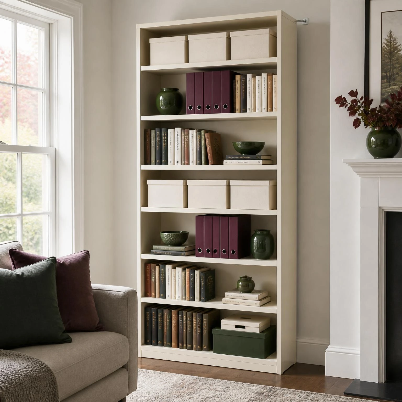 Fall living room decor areas feature a tall bookcase with ivory boxes, plum folders, green accents, and neatly arranged books