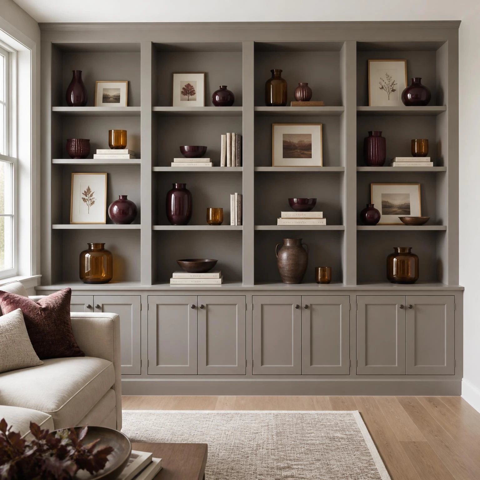 Fall built-in shelf styling with plum ceramics, framed art, amber glass, and open spacing above operable cabinets