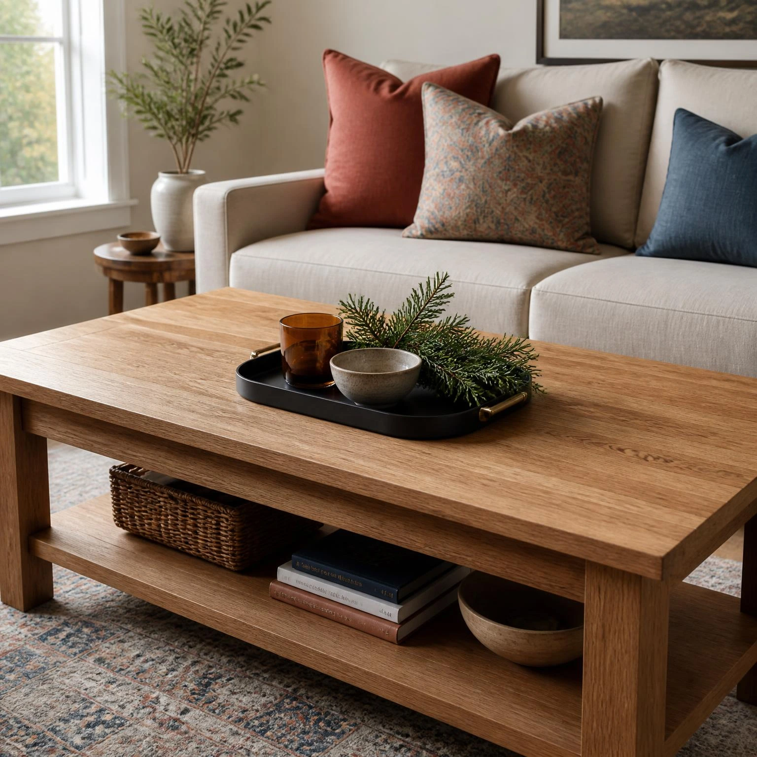 Fall coffee table tray with an amber tumbler, stoneware bowl, and green branches on an oak table beside a neutral sofa