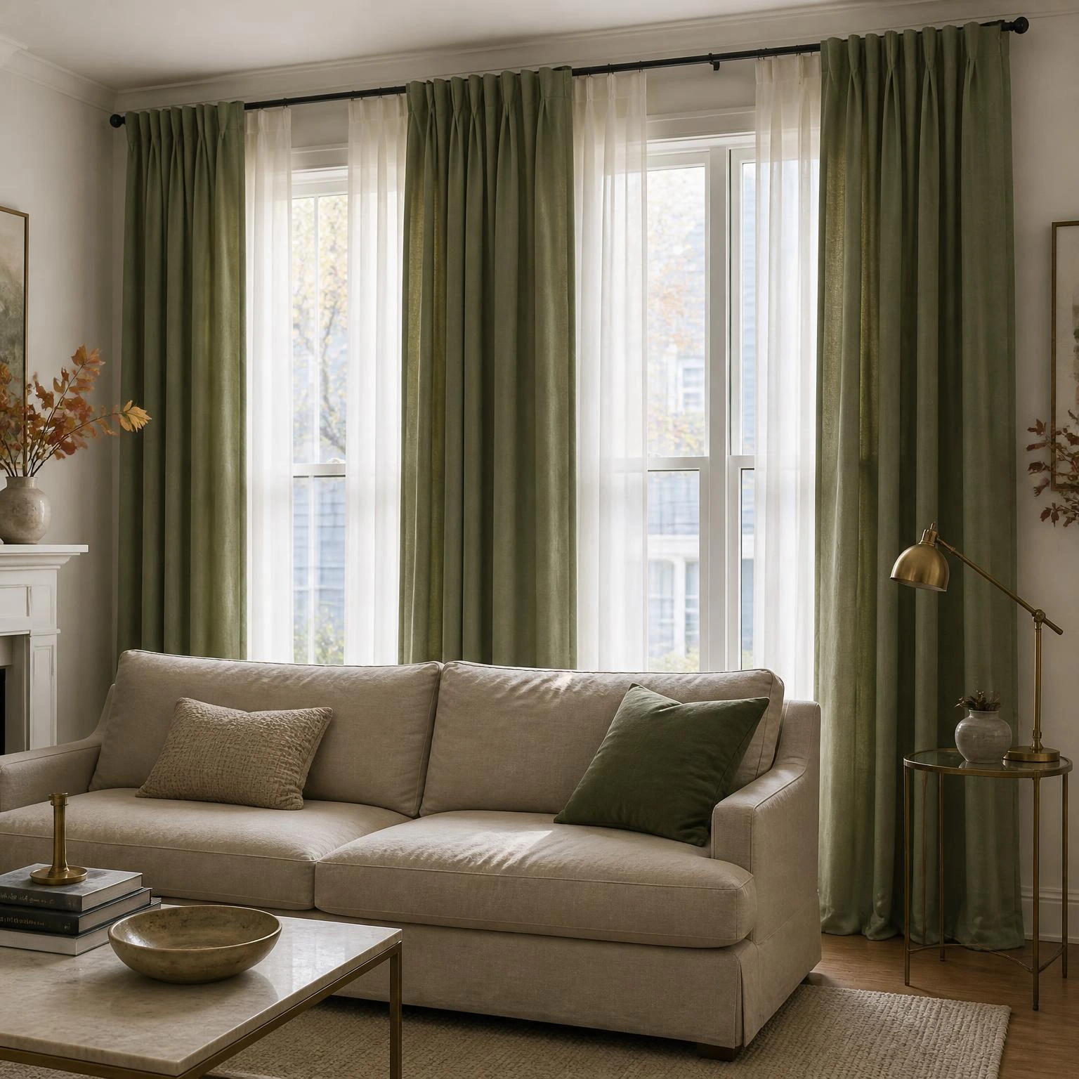 Soft green curtains frame tall windows above a stone sofa, showing a polished fall living room decor update with ivory sheers and brass accents