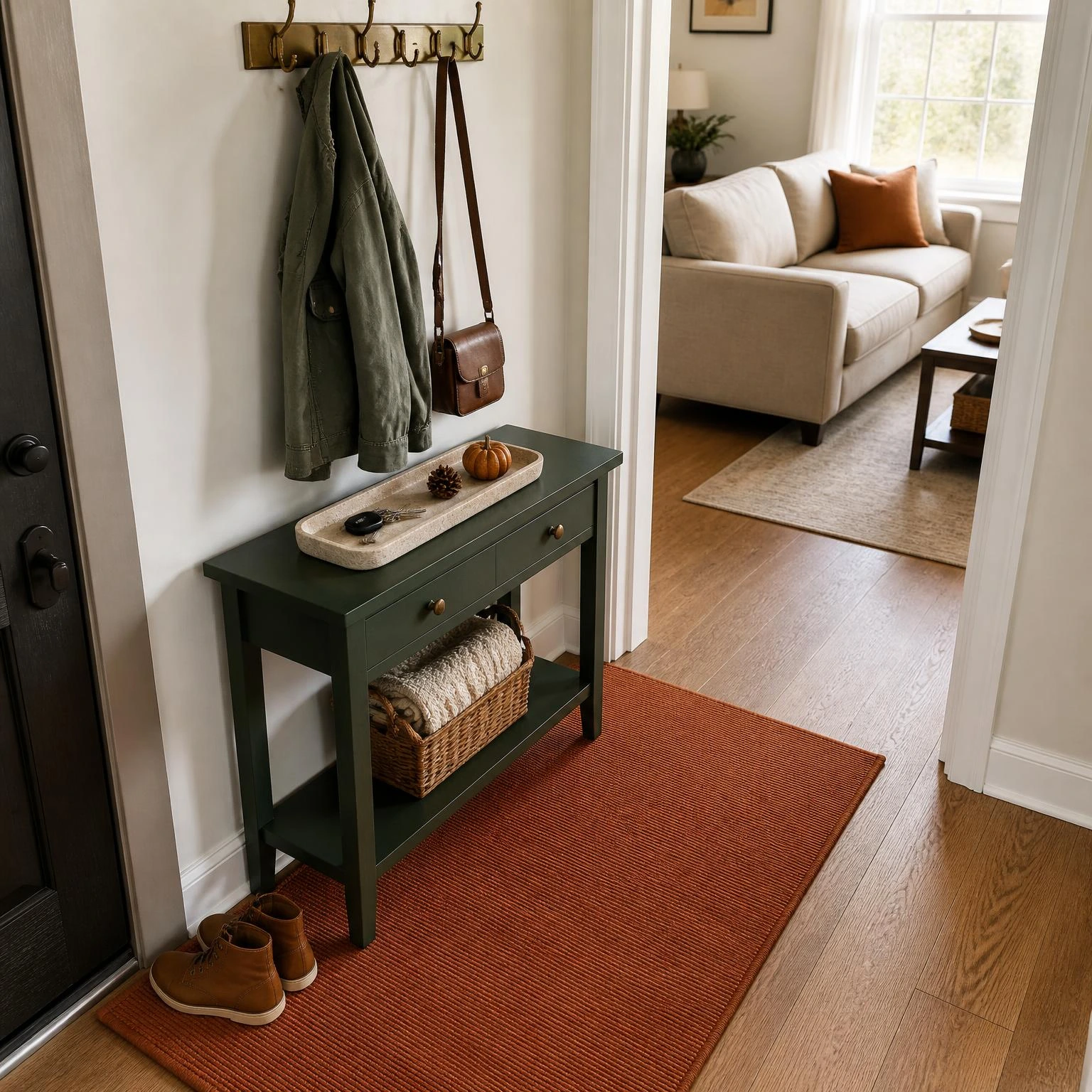 Fall living room decor connects entry and lounge with a forest-green console, rust runner, clear path, and warm sofa beyond