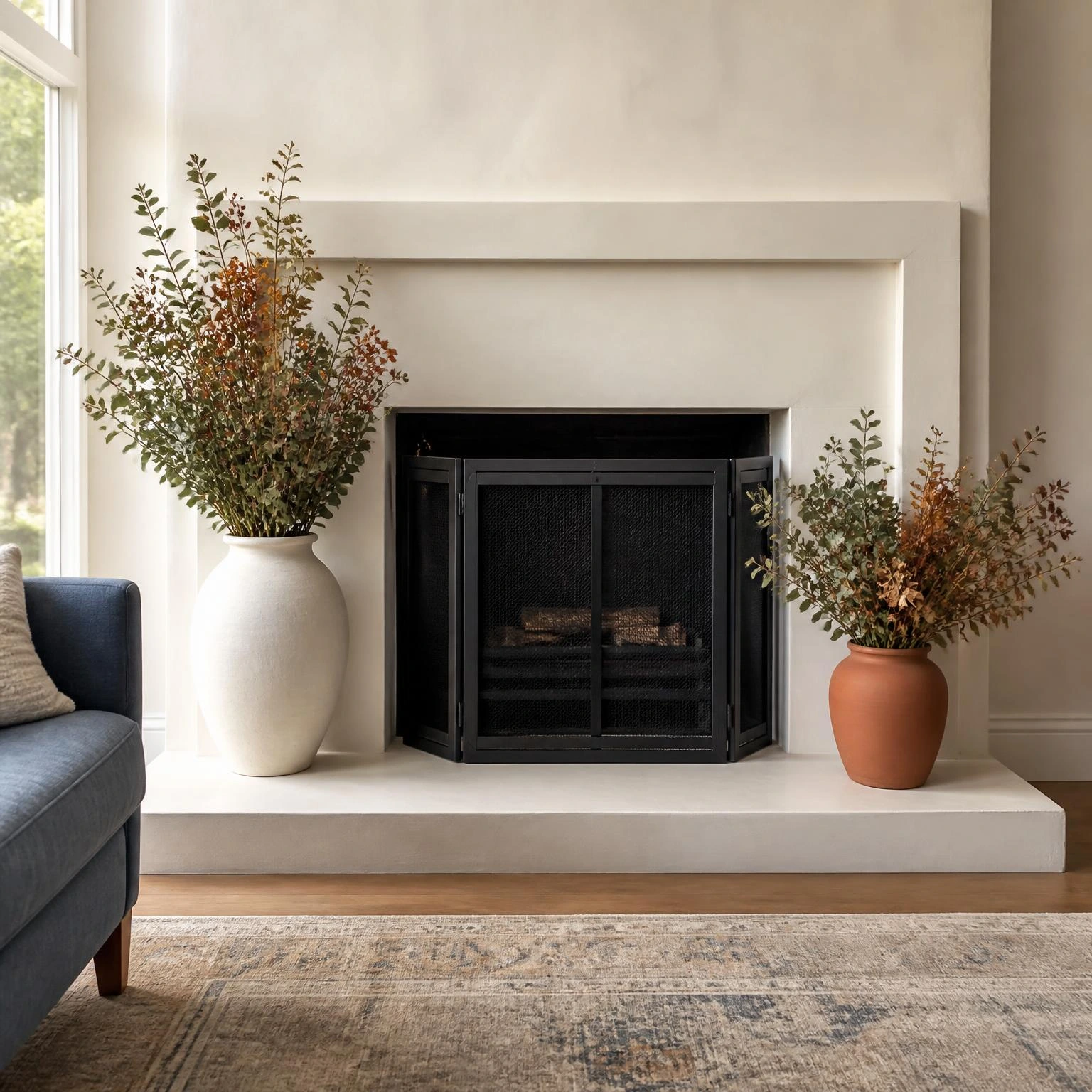 Fall fireplace hearth decor features warm white and terracotta vessels with dried foliage beside a dark metal screen.