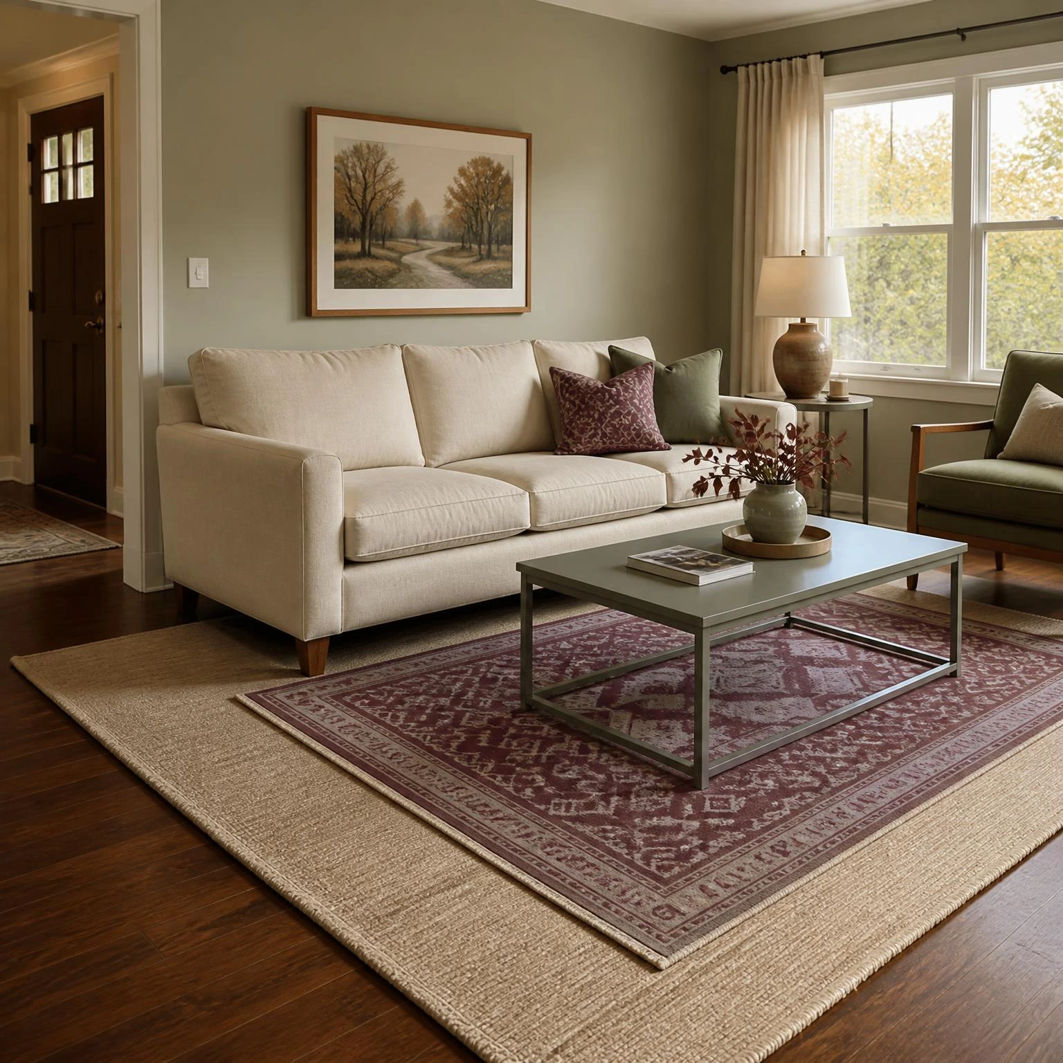 Layered fall living room rugs pair a muted plum pattern with a neutral wool base, defining the seating area without blocking the entry.