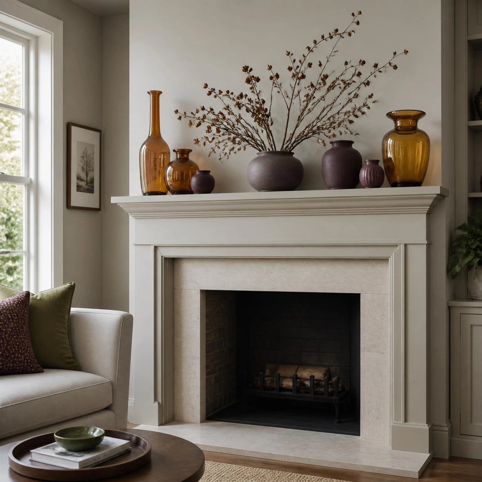 Fall mantel styling with amber glass, muted plum ceramics, and dried branches above a living room fireplace