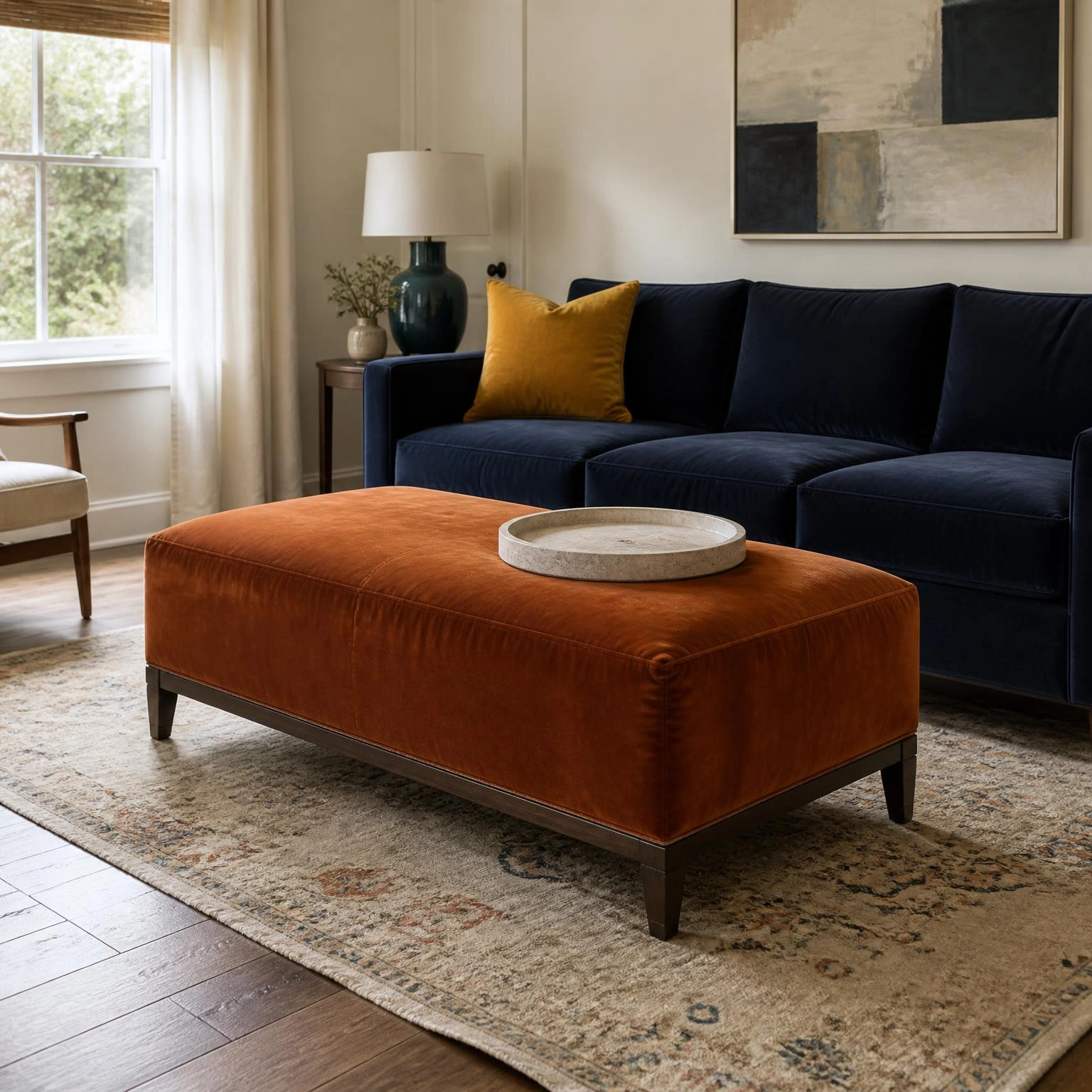 Rust velvet ottoman with a stone tray anchors a navy sofa seating area, offering fall living room decor with practical space to move.