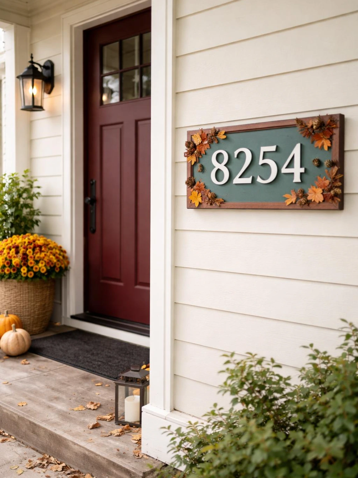 Muted teal house-number plaque beside a burgundy door adds practical style to colorful fall porch decor