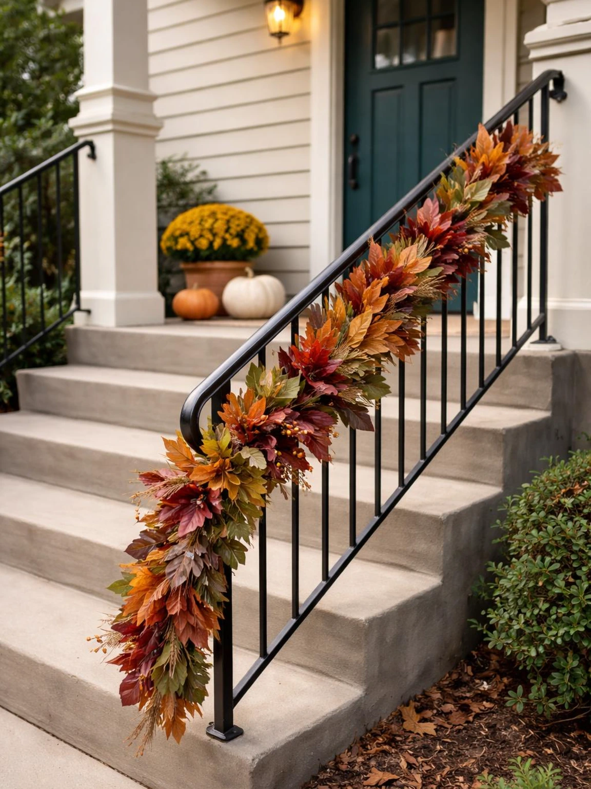Fall porch stair rail garland in burgundy, muted green, and rust follows the rail while keeping steps and handgrip clear