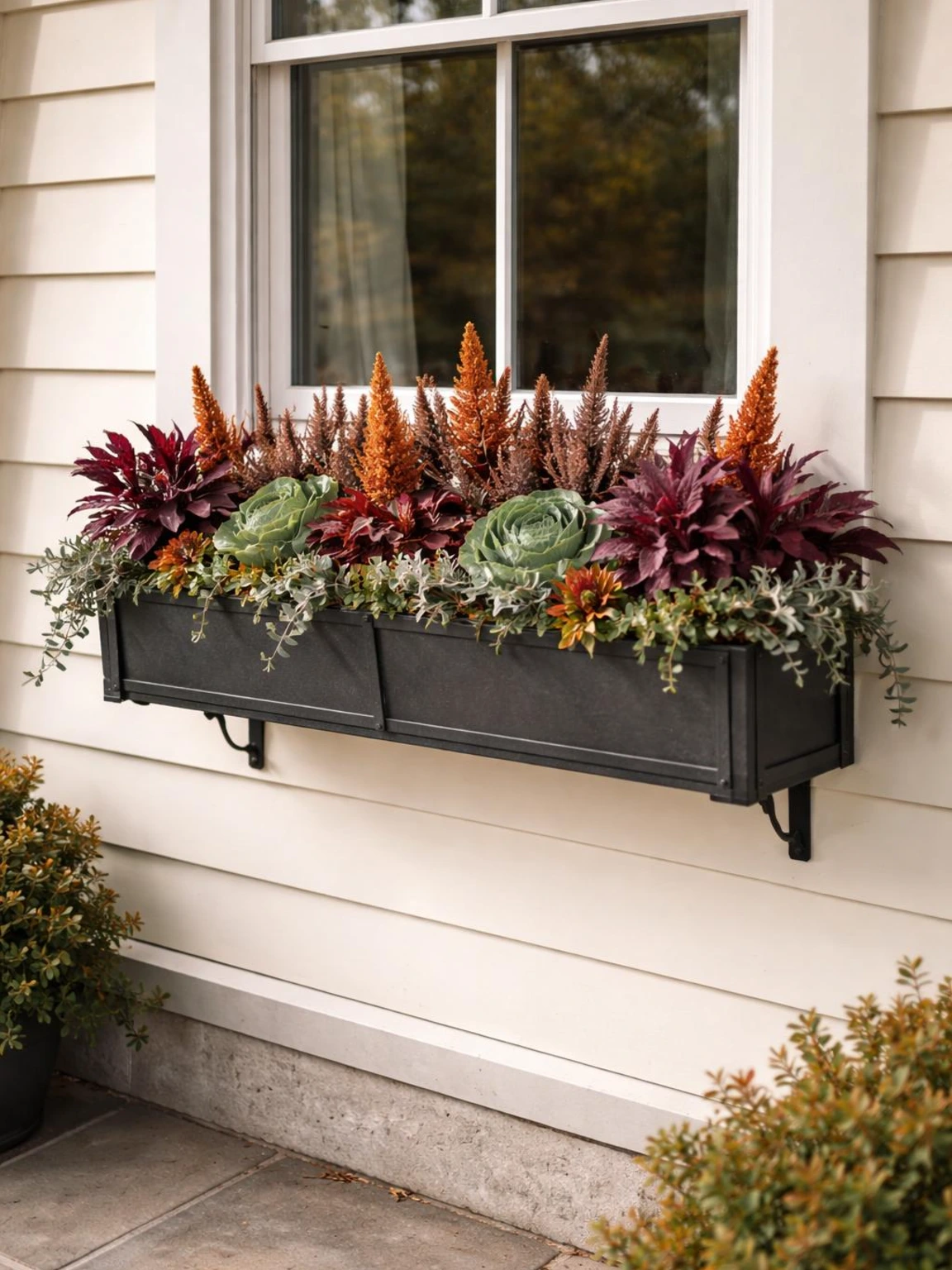 Charcoal fall porch window box with burgundy foliage and rust stems beneath a window on ivory siding