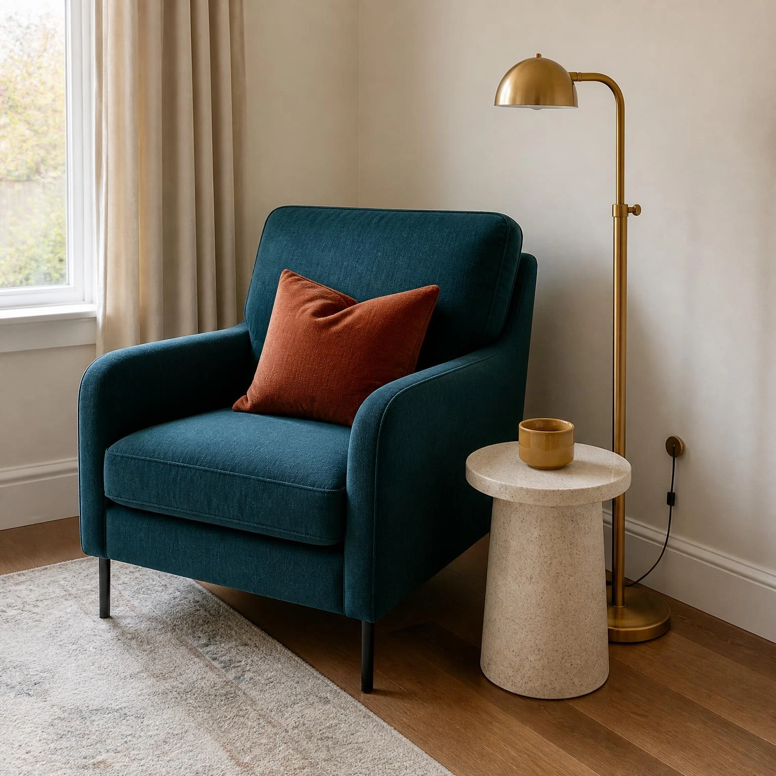 Deep teal armchair, rust cushion, brass lamp, and stone table define a cozy fall living room reading corner