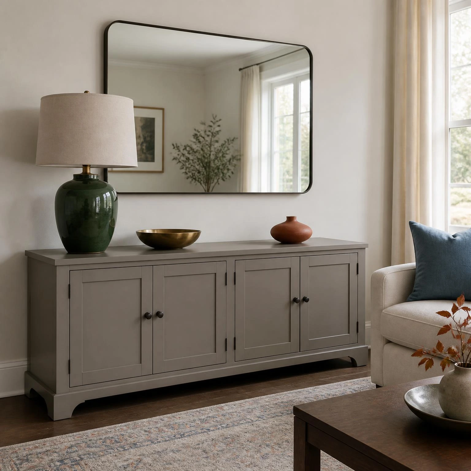 Fall sideboard styling with a warm-gray cabinet, forest green lamp, brass bowl, and terracotta accent beneath a mirror