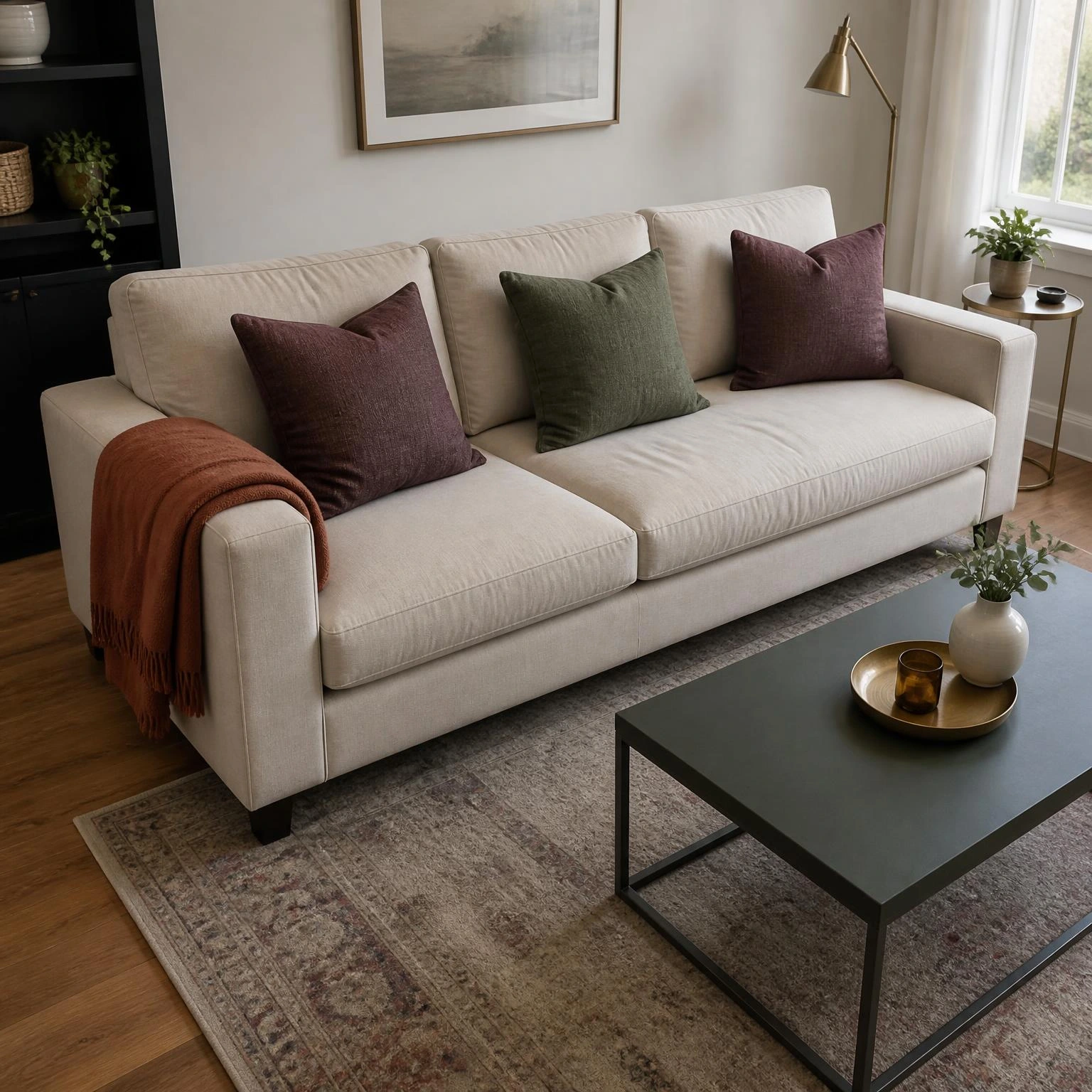 Neutral sofa with plum, green, and rust textiles creates a practical fall living room decor accent layer
