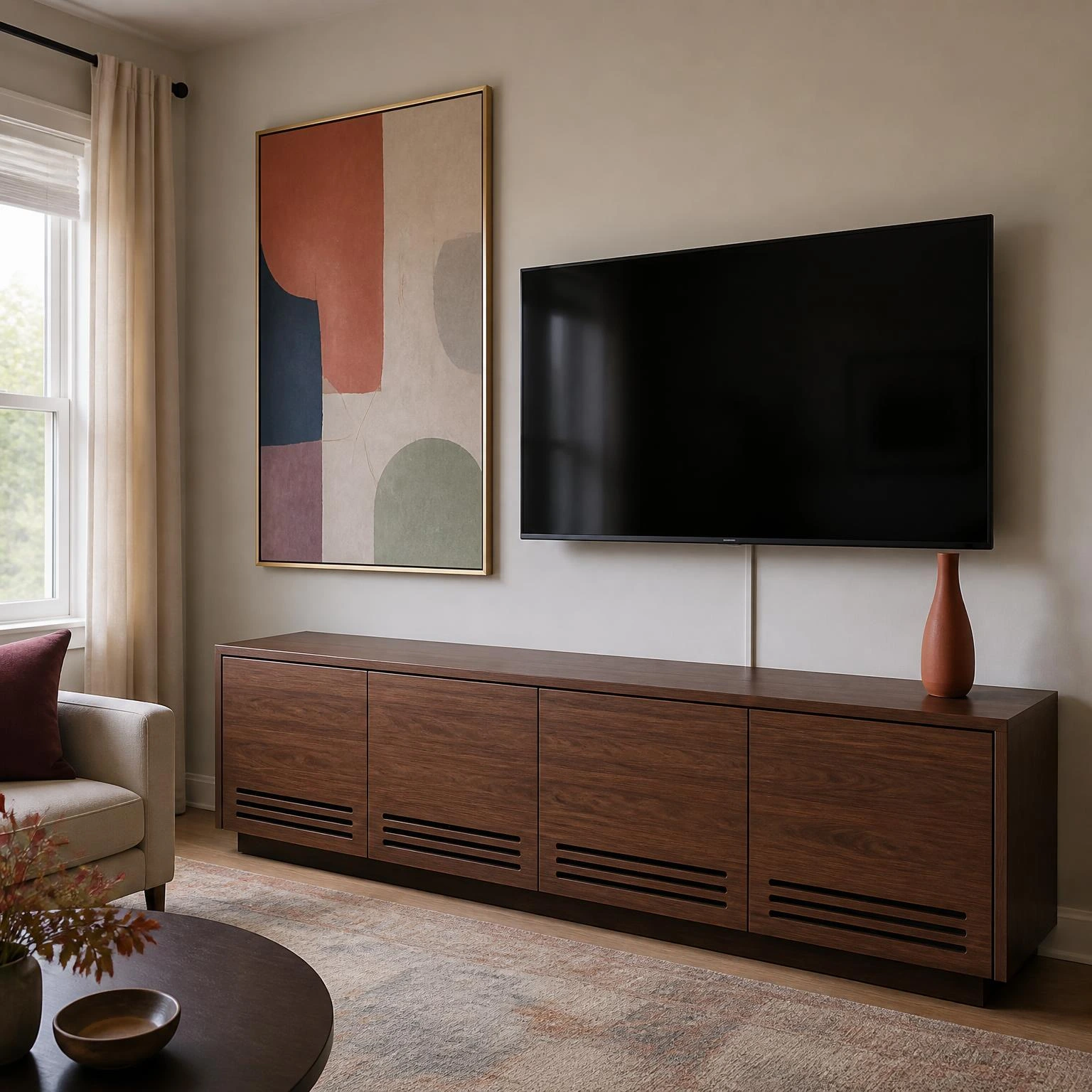 Fall TV wall decor balances a mounted television with a walnut cabinet, muted abstract art, and one terracotta ceramic accent.