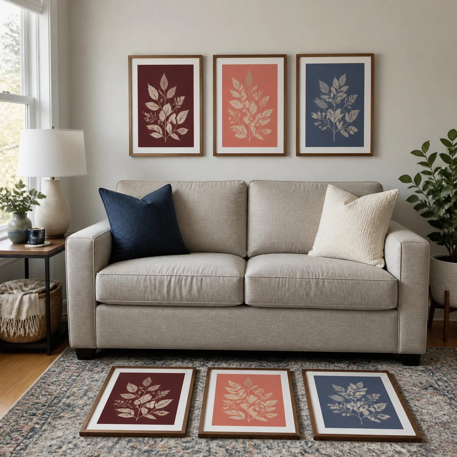 Fall wall art grouping of three burgundy, coral, and muted blue prints aligned above a compact stone sofa