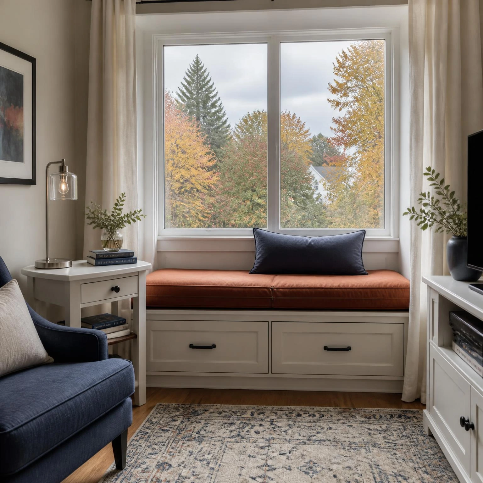 Fall window seat nook with rust cushion, blue lumbar pillow, reading lamp, and clear window access in a compact living room