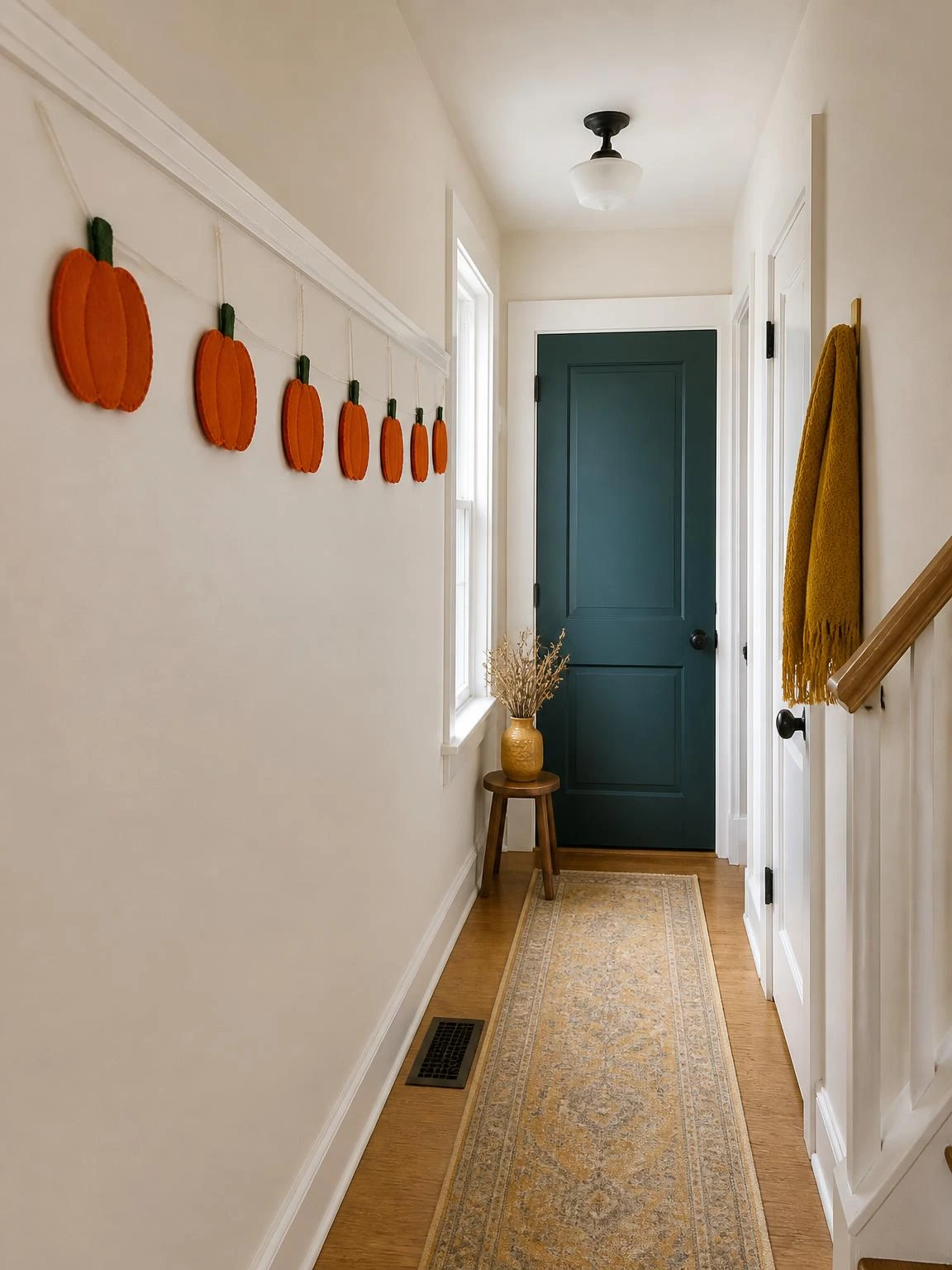 Burnt-orange felt pumpkin banner with green stems along a cream hallway rail, showcasing a Halloween crafts DIY project