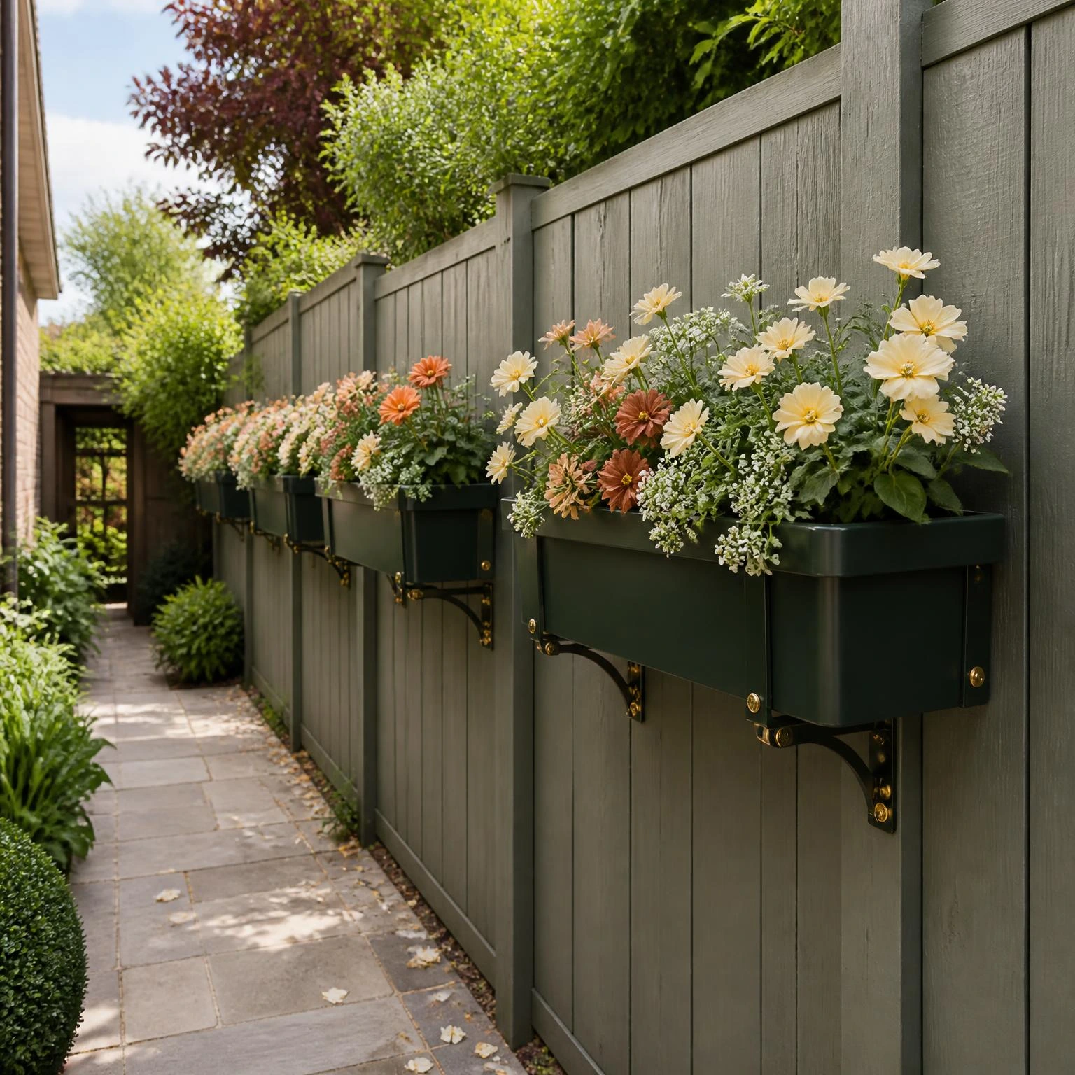 Forest green flower boxes with warm blooms line a backyard fence, showcasing small backyard flower garden ideas while keeping the path open.