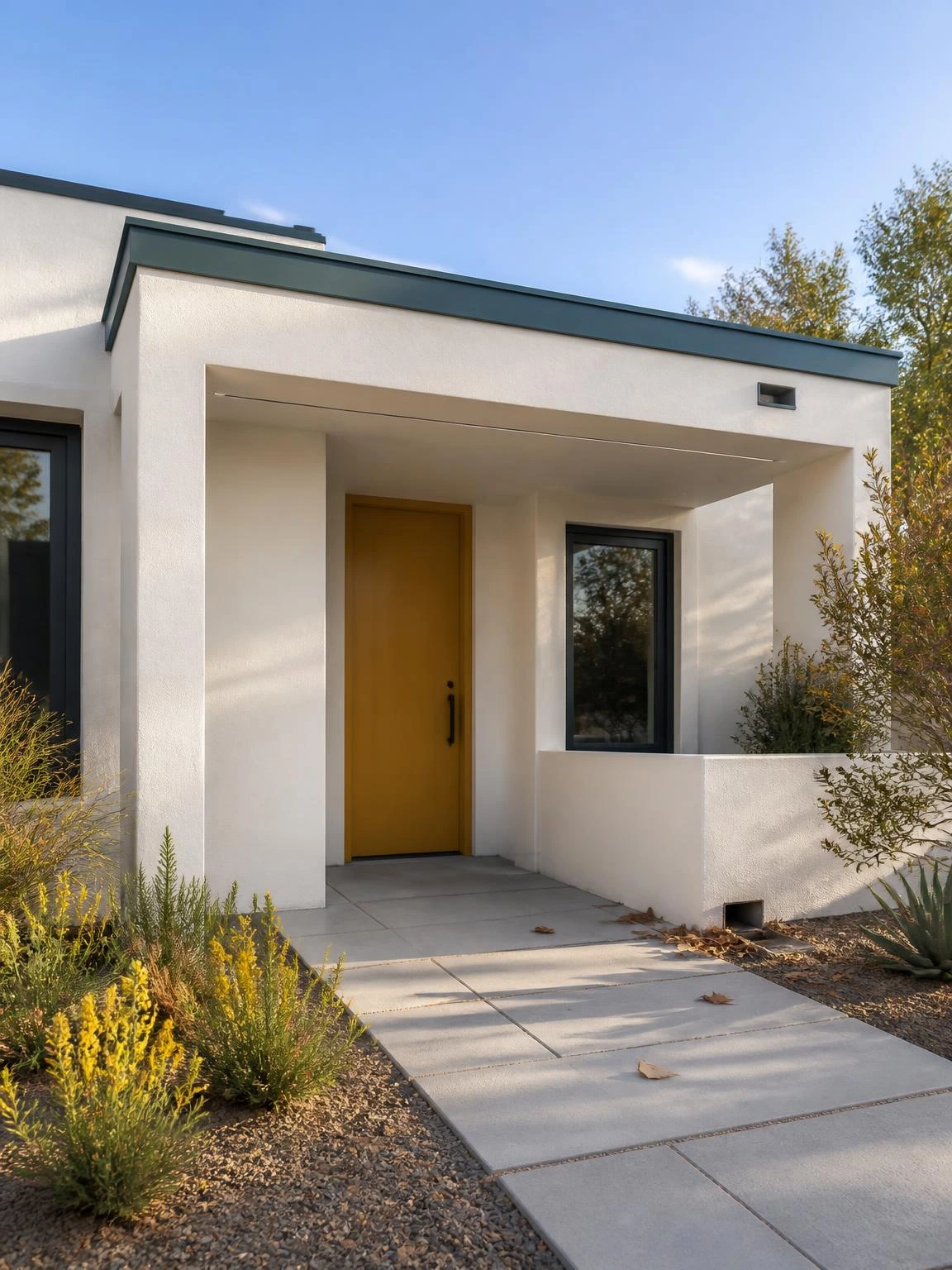 Flat porch roof with teal-capped stucco parapet on a modern white home, showing scupper drainage and a hairline flashing seam worth annual inspection