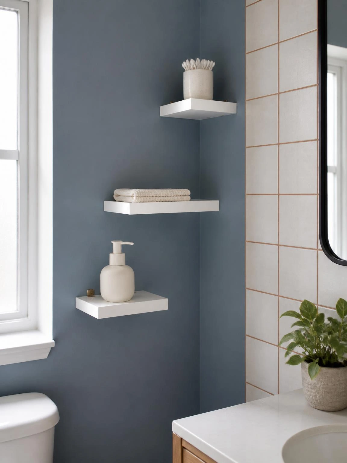 Three staggered white floating corner shelves on a dusty-blue bathroom wall holding a soap dispenser, folded face cloth, and cotton swabs